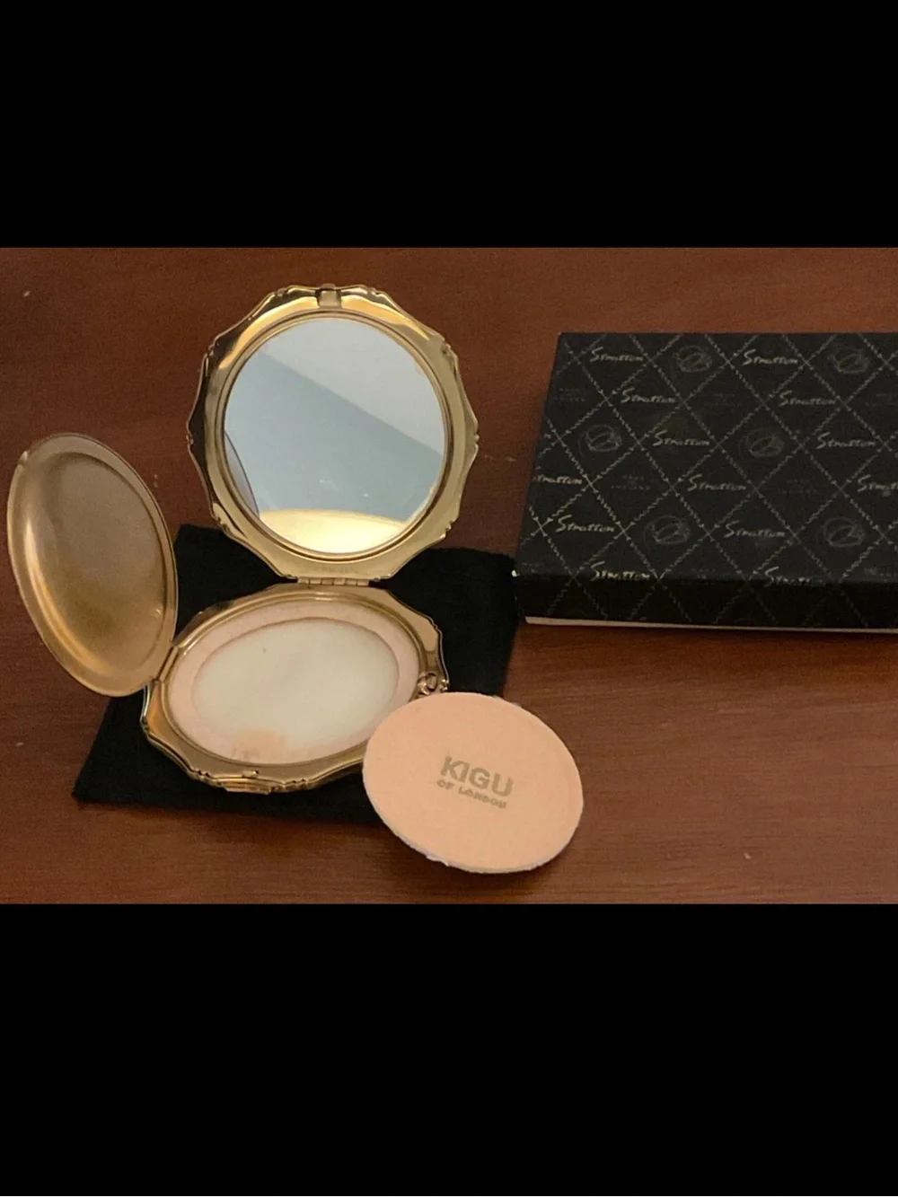 Vintage KIGU Gold Tone Mirror Compact W/ Sleeve England
